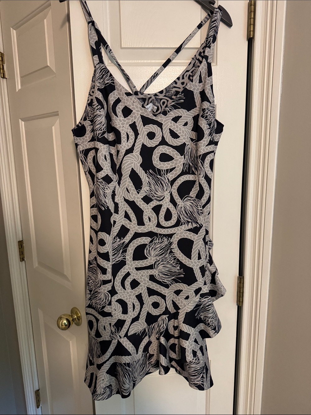 Gretchen Scott Designs Black and White Rope-Print Ruffle Slip Dress